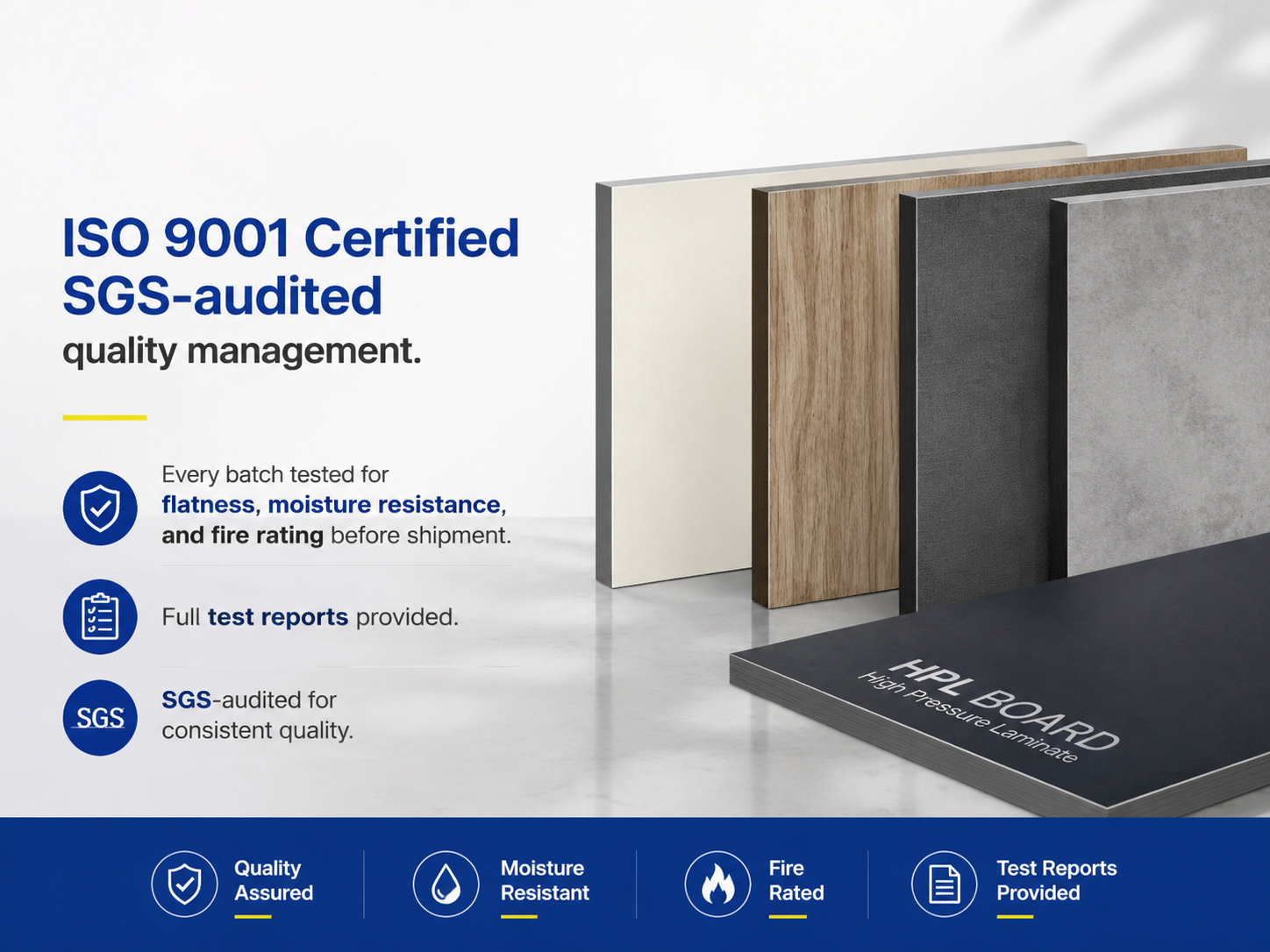 ISO 9001 and SGS certified HPL board quality inspection and testing for commercial building materials manufacturing